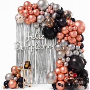 SET DE GLOBOS ARCO XL FELIZ CUMPLEA�OS ROSA GOLD NEGRO Y PLATA (00010) 98 UNIDADES